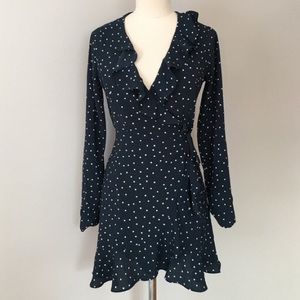 NWOT navy and polka dot wrap mini dress